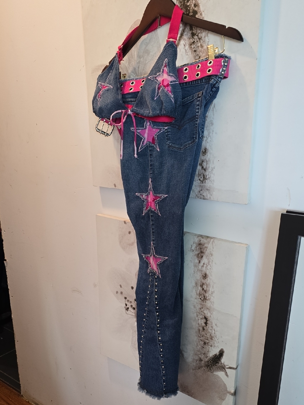 ⭐️Vintage 80's Custom Denim 2pce Set Pink Camo Stars & Stretch Denim